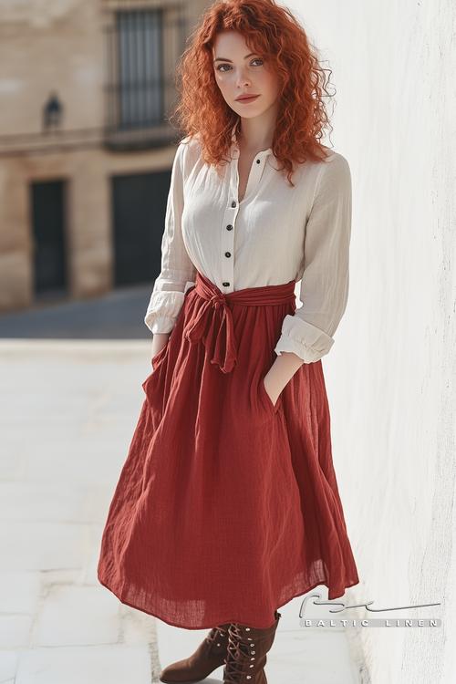 Curly Red Hair in a Flowing Linen Dress at Golden Hour